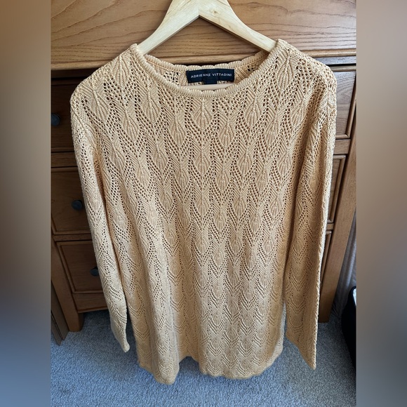 Adrienne Vittadini Sweaters - Adrienne Vittadini Tan Silk & Cotton Womens Sweater Large Crochet Open Knit Luxe